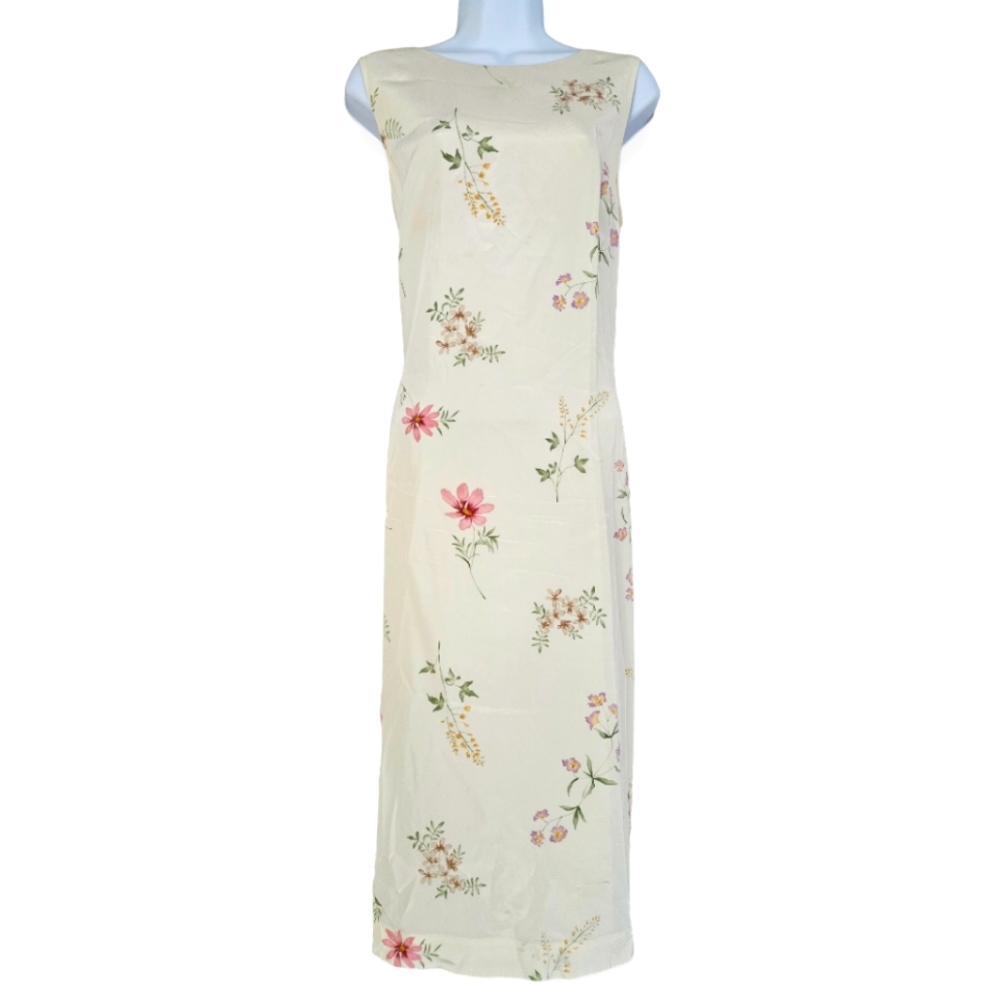 NWOT Talbots cream pink yellow green purple floral silk sheath dress Womens 12